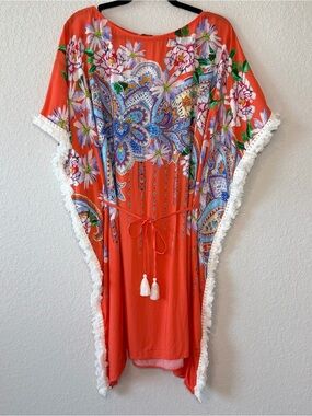 Johnny Was Boho Vibrant Coral Floral Kaftan Dress Size Small